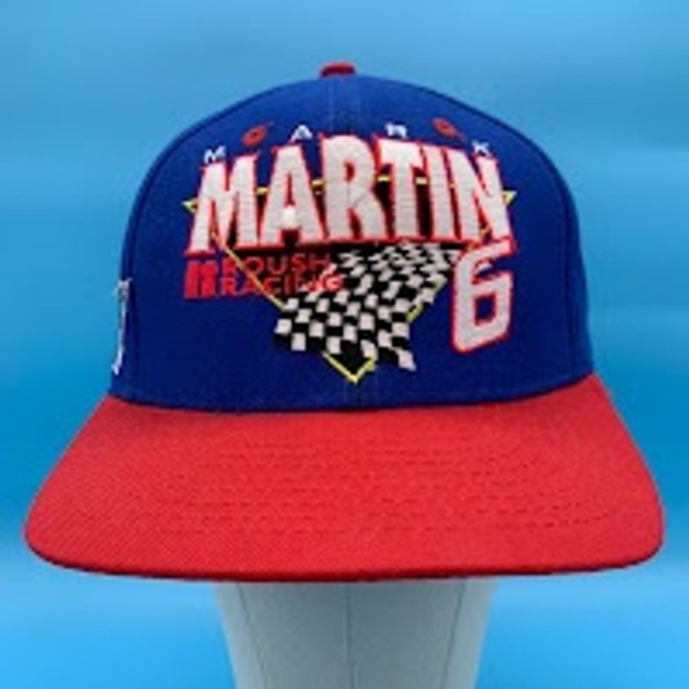 VTG 90s Mark Martin 6 Roush Racing Snapback Hat NASCAR Checkered Flag Blue Red
